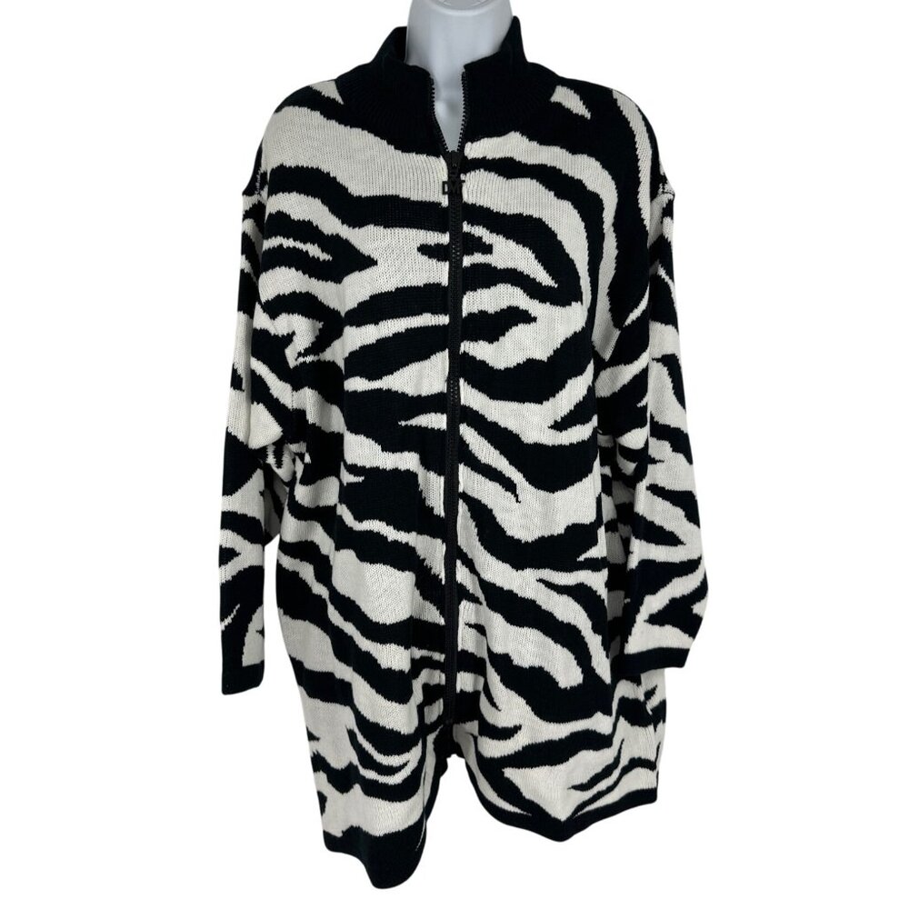 Diane Von Furstenberg Long Sleeve Full Zip Zebra Print Mid Length Cardigan Sz 1X